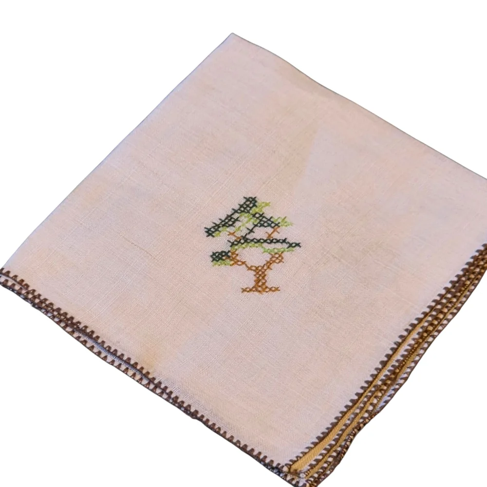 Vintage Handmade Linen Mission Work Tree Image Cocktail Napkins Set Of 3